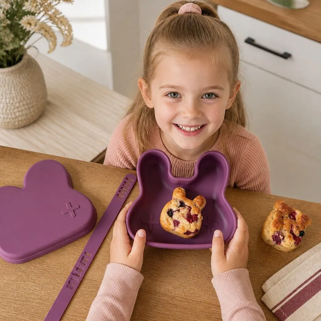 Silicone Snack Bowl Plate Set Grey Toddler Bunny Shape Freezer Microwave Oven Safe