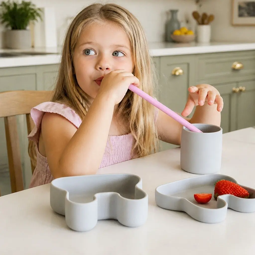 Silicone Snack Bowl Plate Set Grey Toddler Bunny Shape Freezer Microwave Oven Safe