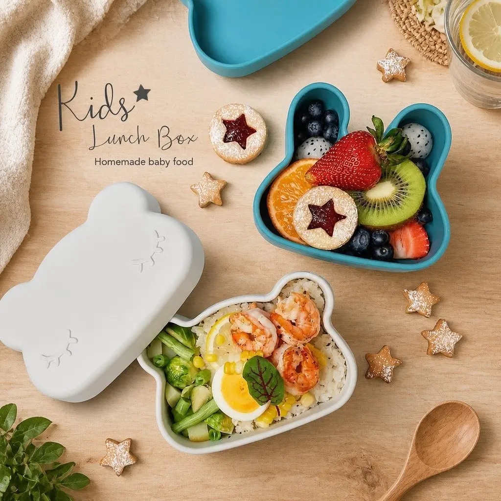 Silicone Snack Bowl Plate Set Grey Toddler Bunny Shape Freezer Microwave Oven Safe