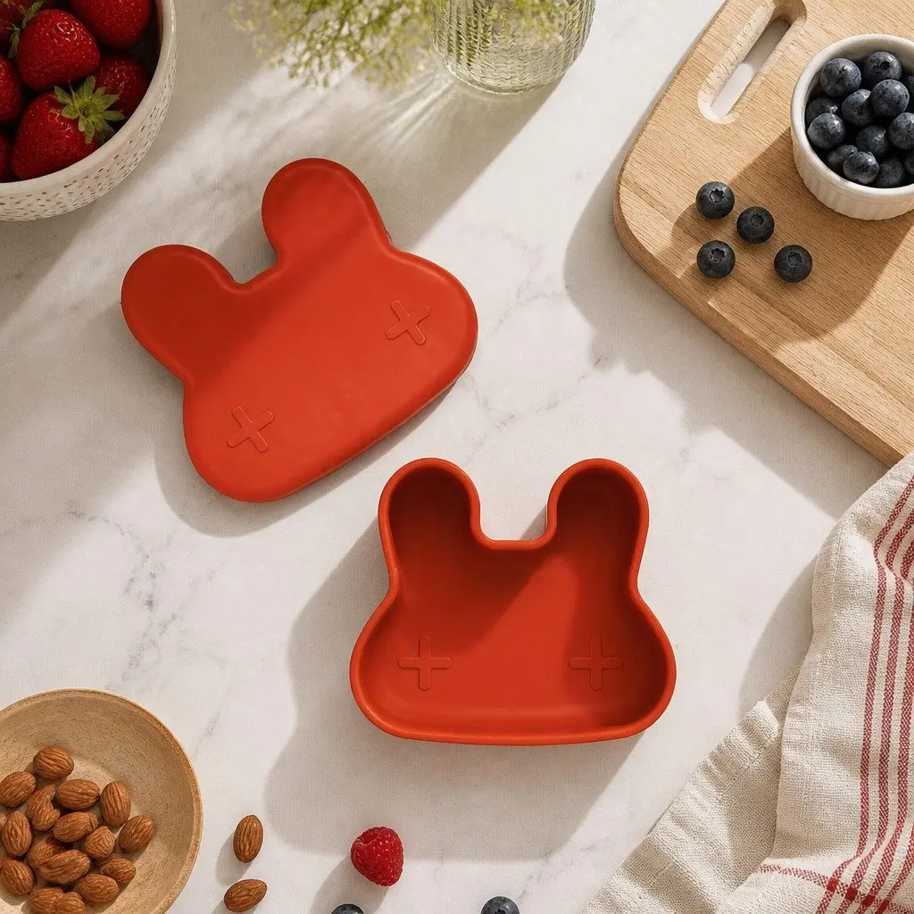 Silicone Snack Bowl Plate Set Grey Toddler Bunny Shape Freezer Microwave Oven Safe