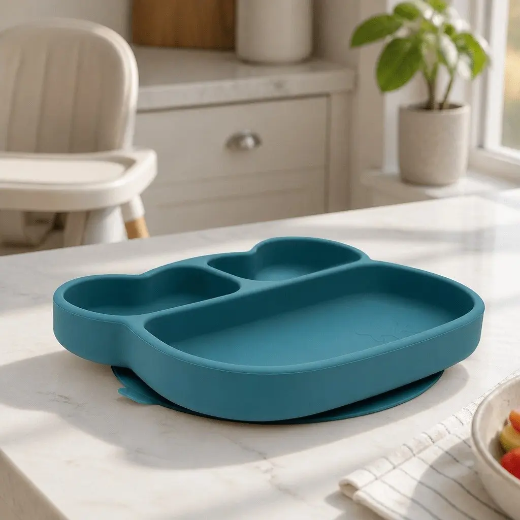 Kids Stickie Plate Blue Dusk Three Section Divided Toddler Feeding Dish with Suction Base