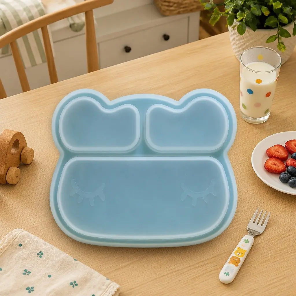Kids Stickie Plate Blue Dusk Three Section Divided Toddler Feeding Dish with Suction Base