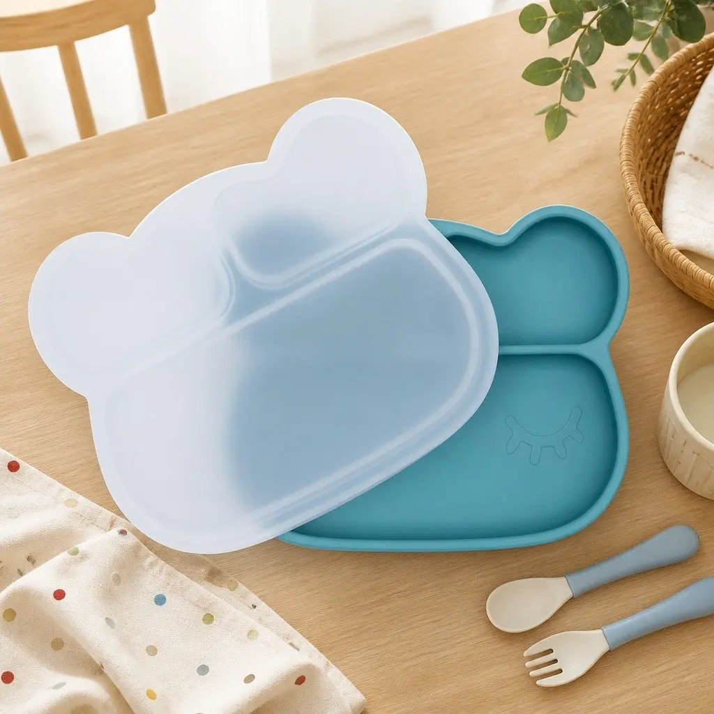 Kids Stickie Plate Blue Dusk Three Section Divided Toddler Feeding Dish with Suction Base