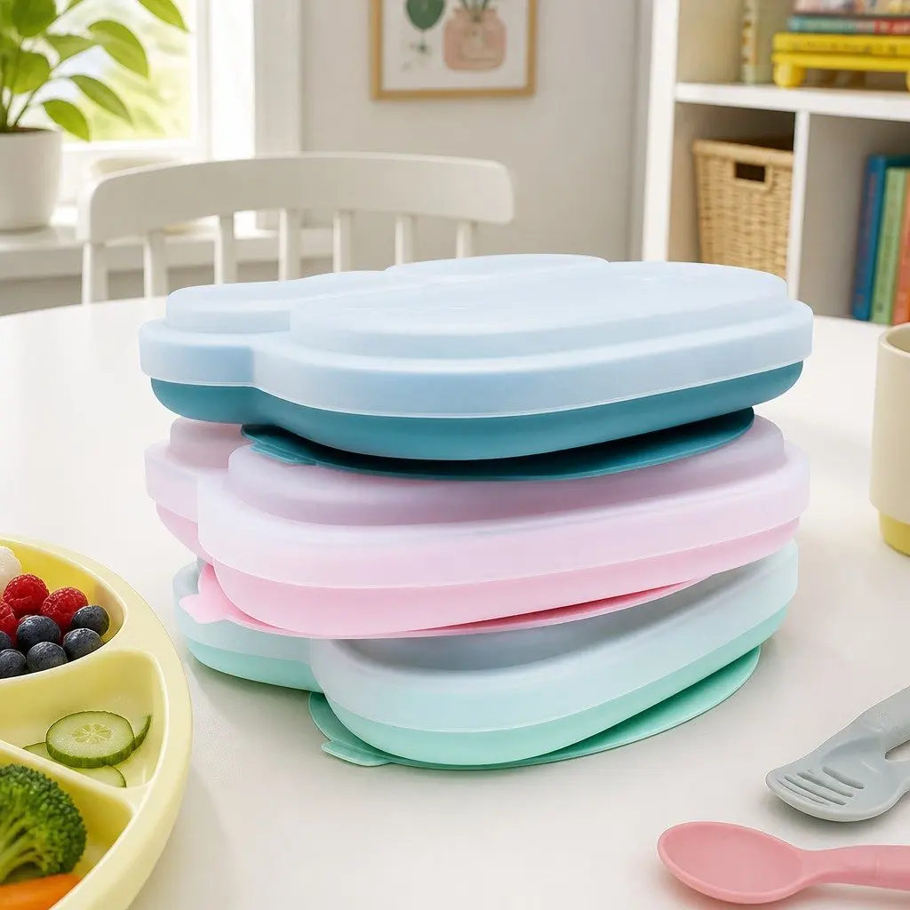 Kids Stickie Plate Blue Dusk Three Section Divided Toddler Feeding Dish with Suction Base