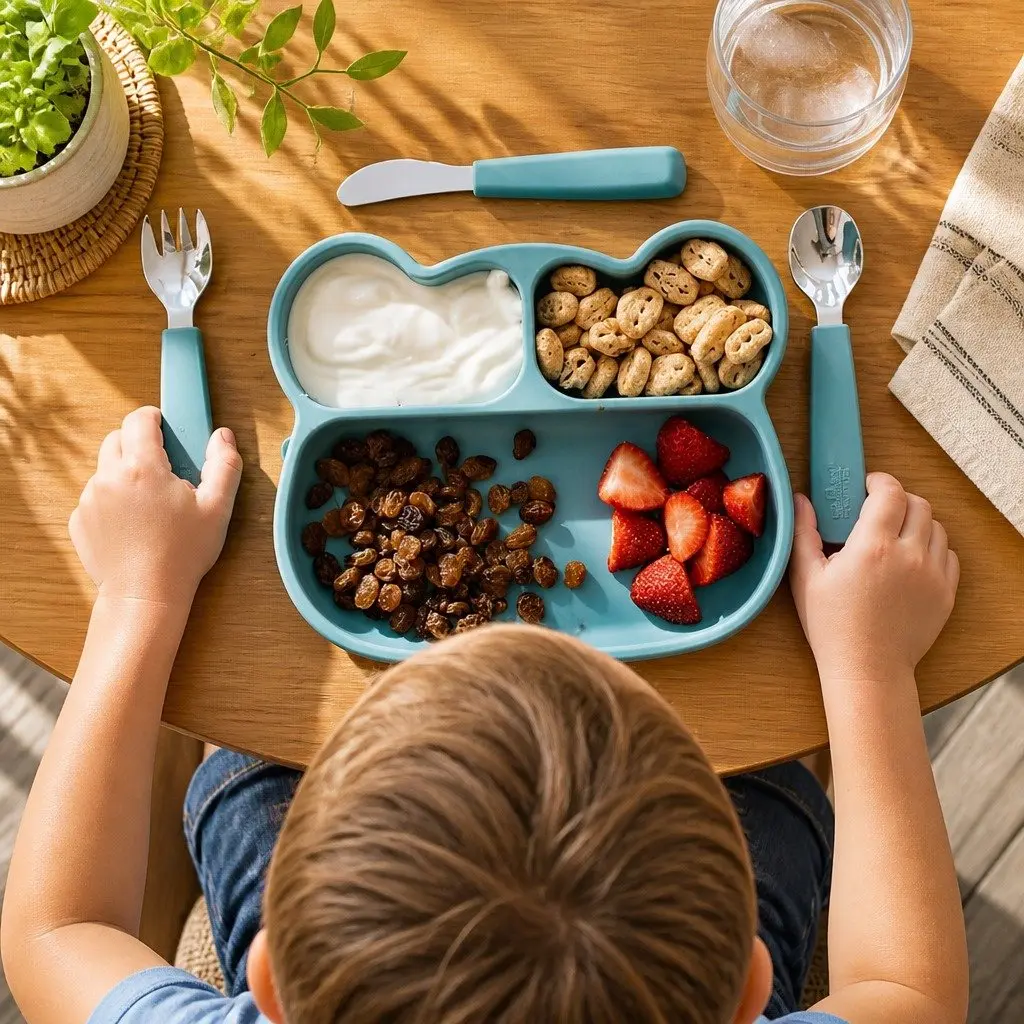 Kids Stickie Plate Blue Dusk Three Section Divided Toddler Feeding Dish with Suction Base