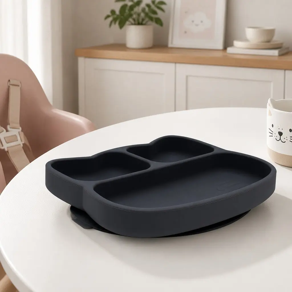 Cat Stickie Plate Charcoal Toddler Divided Suction Plate Baby Feeding Portion