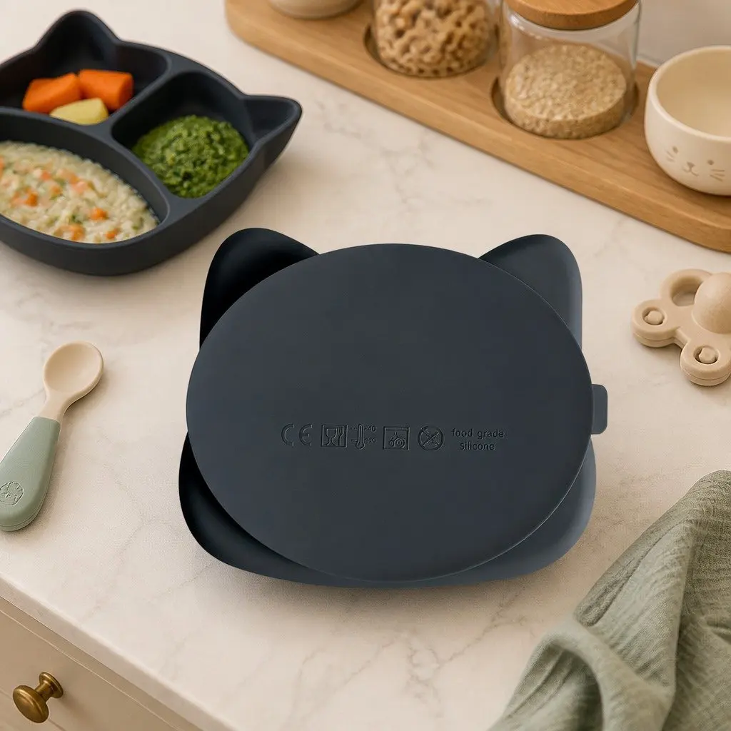 Cat Stickie Plate Charcoal Toddler Divided Suction Plate Baby Feeding Portion
