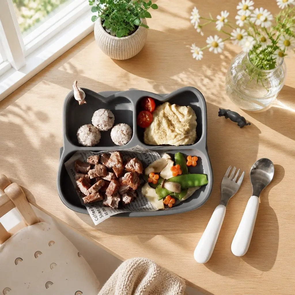 Cat Stickie Plate Charcoal Toddler Divided Suction Plate Baby Feeding Portion