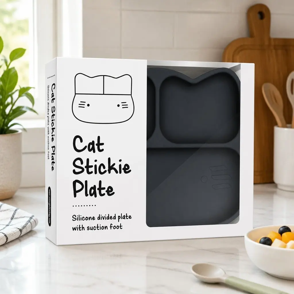 Cat Stickie Plate Charcoal Toddler Divided Suction Plate Baby Feeding Portion