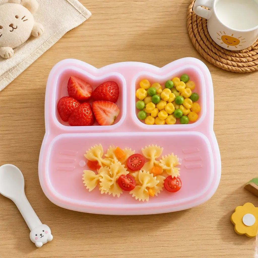 Cat Stickie Plate Charcoal Toddler Divided Suction Plate Baby Feeding Portion