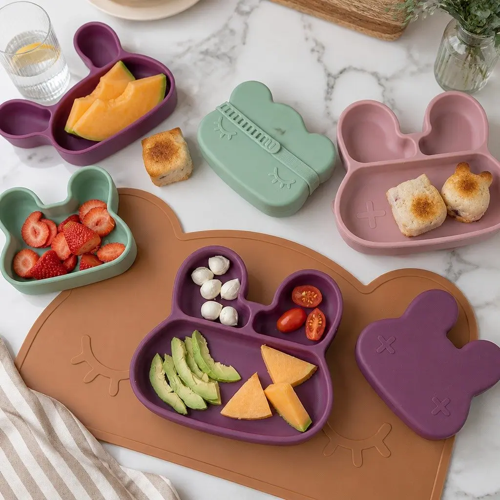 Suction Base Plate Silicone Plum Toddler Feeding Dishwasher Safe 21cm