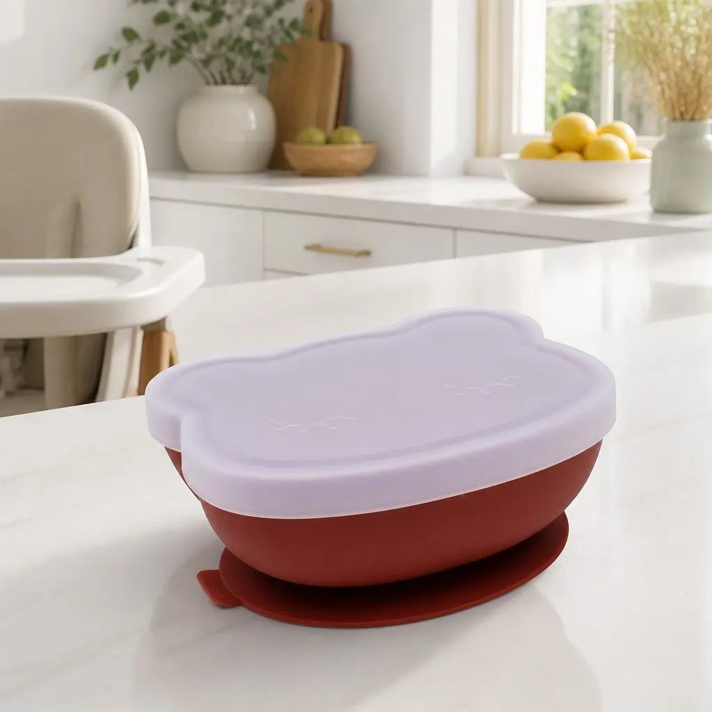 Suction Bowl with Lid for Toddlers Kids Feeding Mealtime Silicone Rust