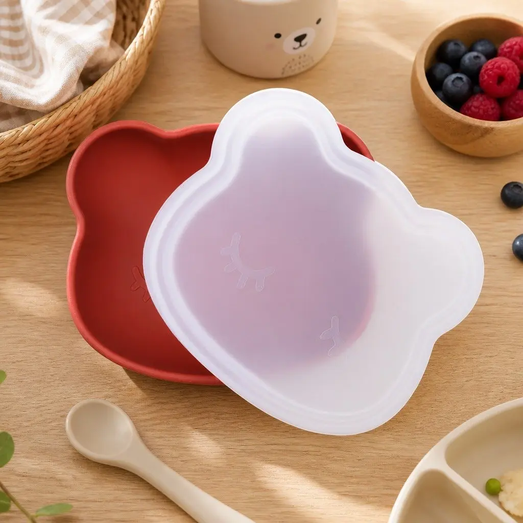 Suction Bowl with Lid for Toddlers Kids Feeding Mealtime Silicone Rust