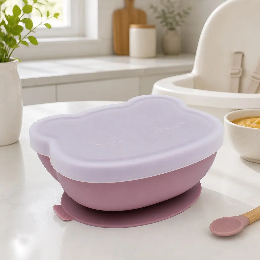 Baby Feeding Bowl Dusty Rose Suction Base Flexible Silicone with Lid
