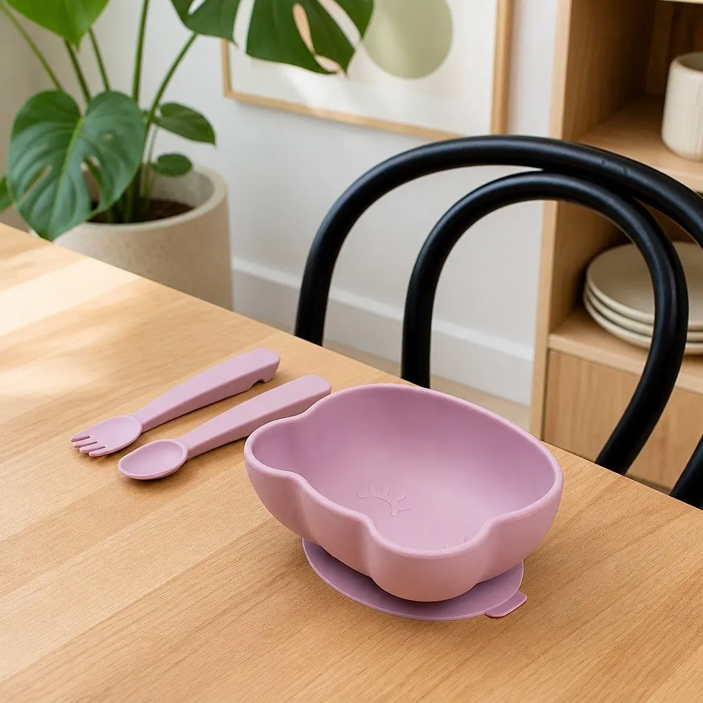 Baby Feeding Bowl Dusty Rose Suction Base Flexible Silicone with Lid