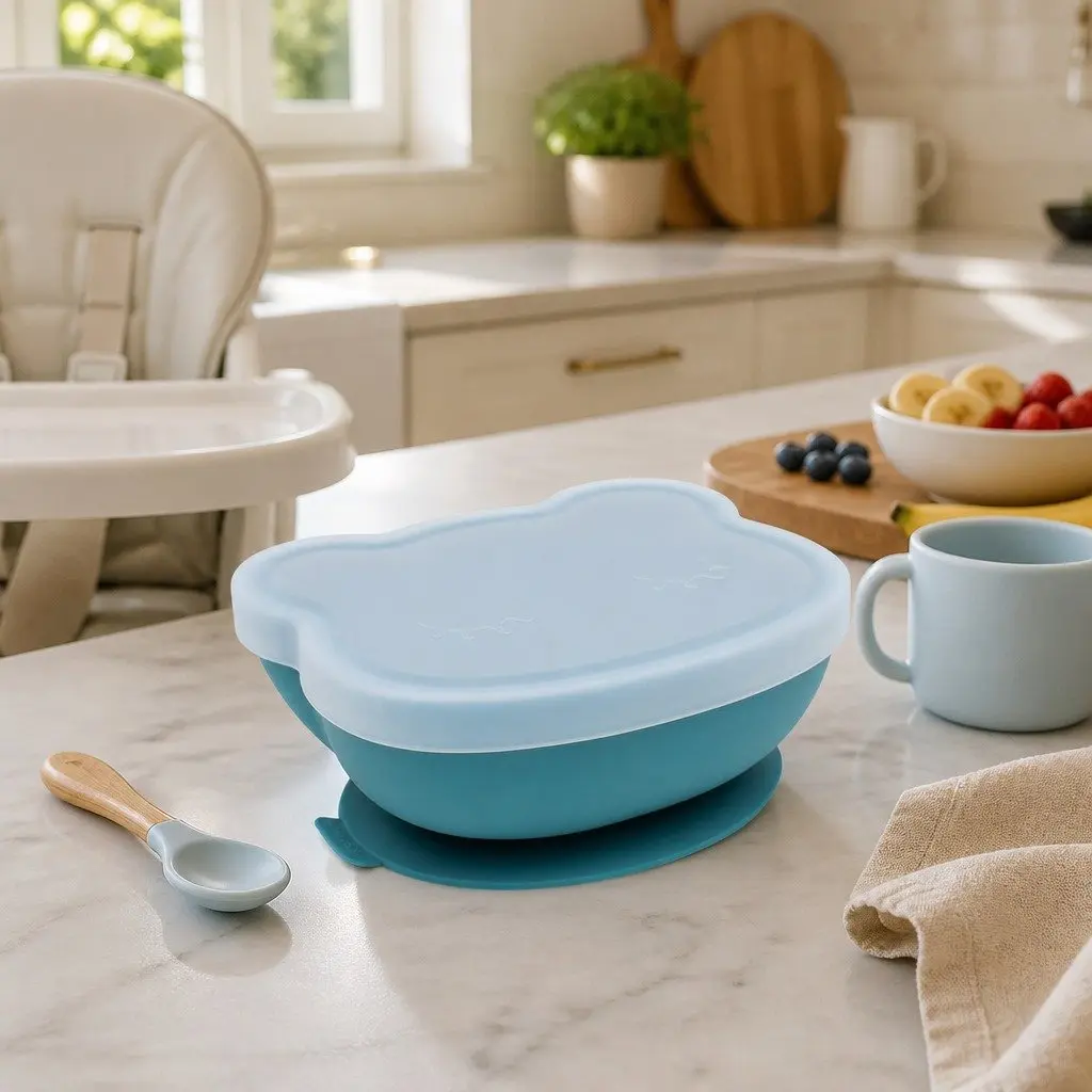 Suction Base Feeding Bowl Blue Dusk Baby Toddler Bowl with Lid