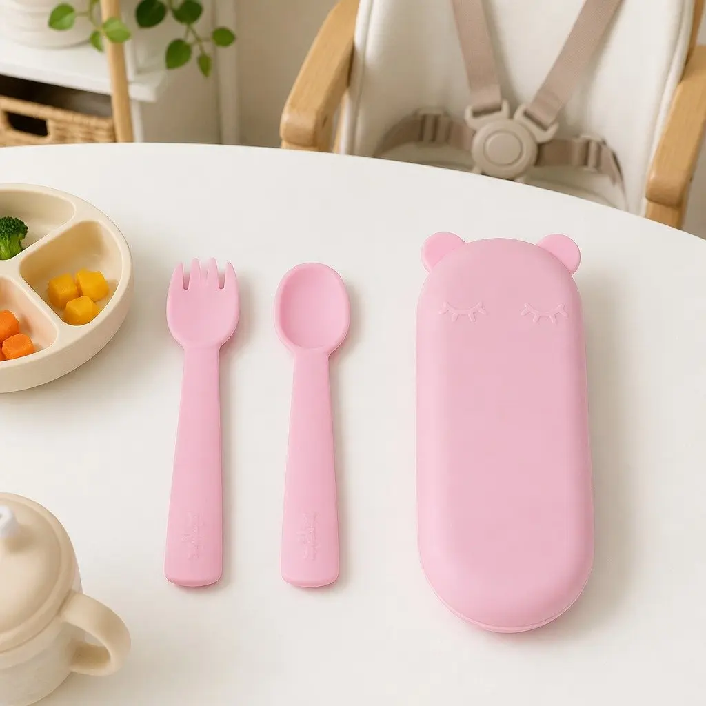Baby Cutlery Set Powder Pink Silicone Self-Feeding Fork and Spoon with Travel Case