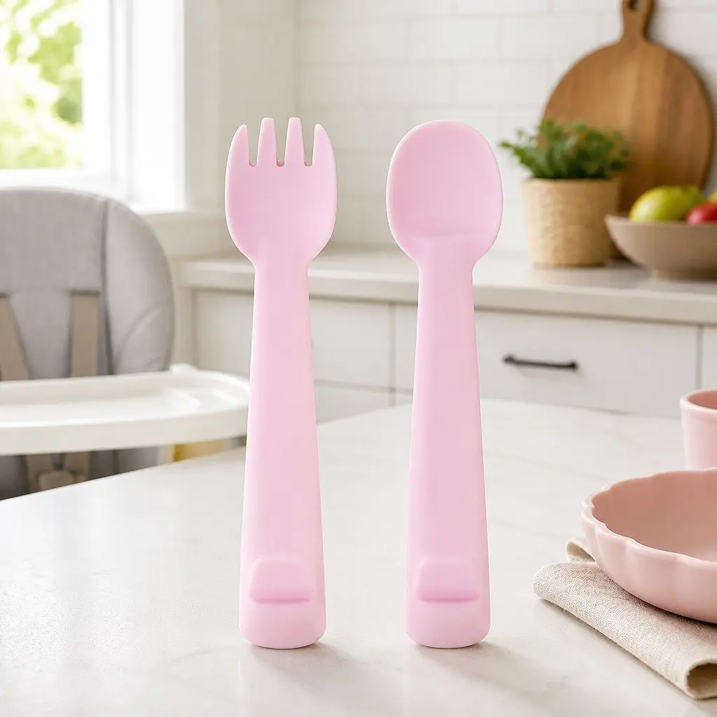 Baby Cutlery Set Powder Pink Silicone Self-Feeding Fork and Spoon with Travel Case
