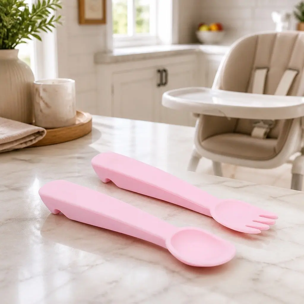 Baby Cutlery Set Powder Pink Silicone Self-Feeding Fork and Spoon with Travel Case