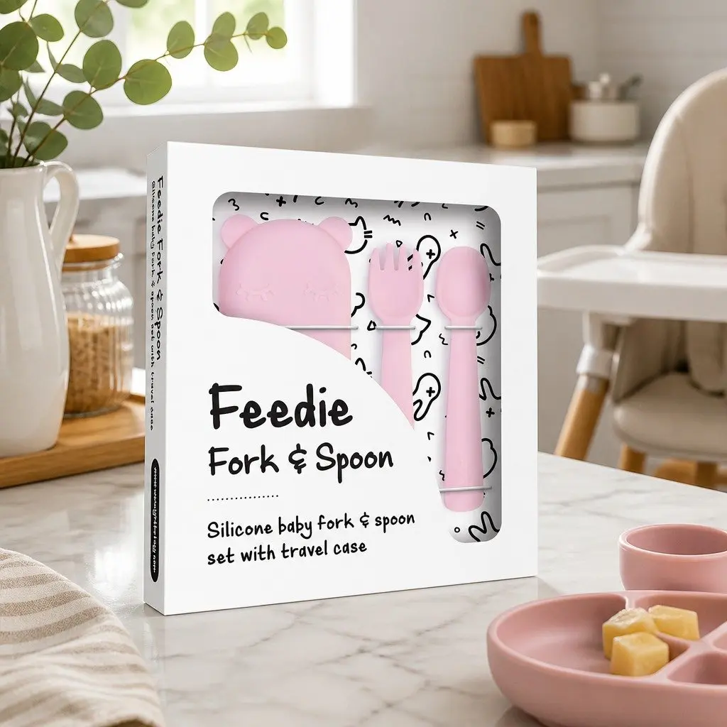Baby Cutlery Set Powder Pink Silicone Self-Feeding Fork and Spoon with Travel Case