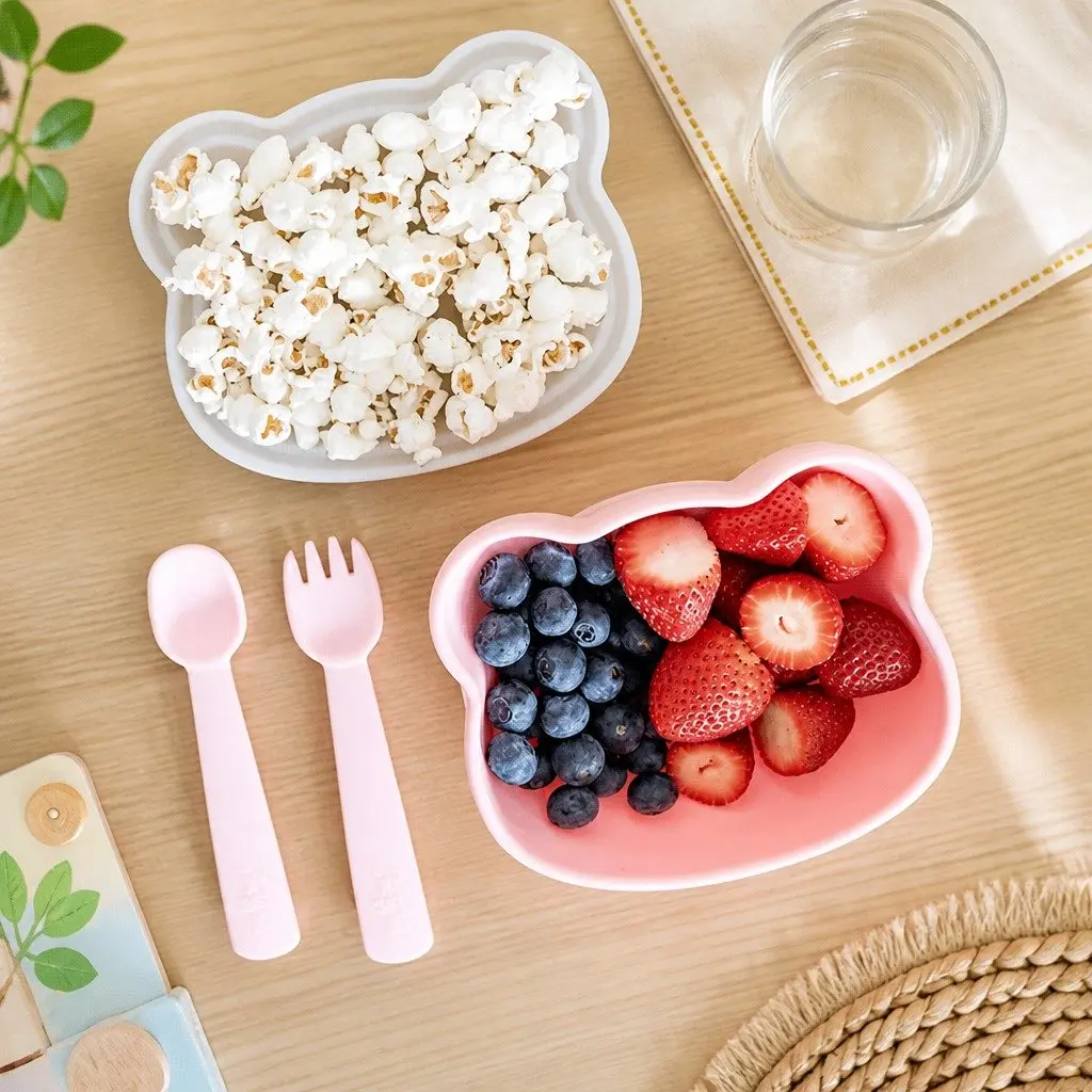 Baby Cutlery Set Powder Pink Silicone Self-Feeding Fork and Spoon with Travel Case