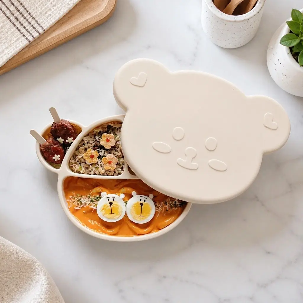Silicone Suction Food Plate Chocolate Brown 28.5cm Sturdy Suction Bottom with Lid for Baby Feeding Compartments