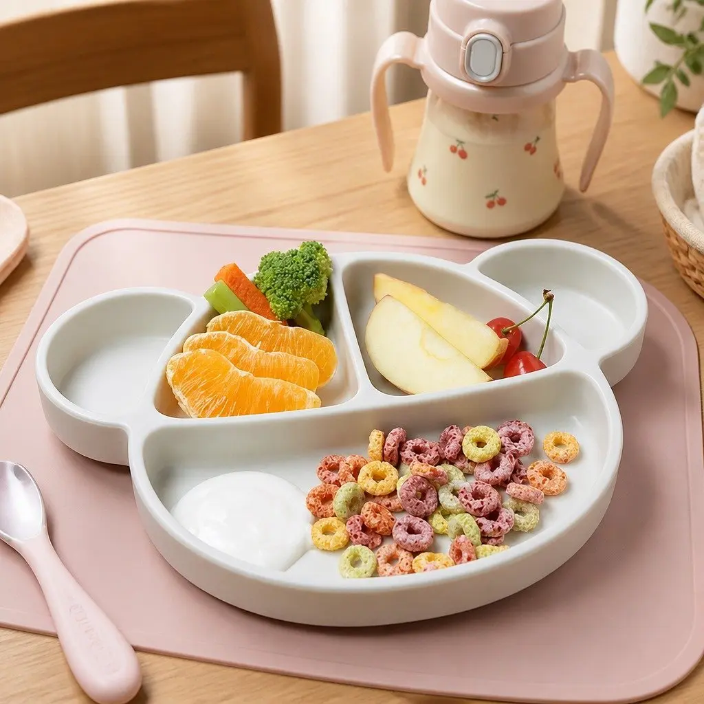 Silicone Suction Food Plate Chocolate Brown 28.5cm Sturdy Suction Bottom with Lid for Baby Feeding Compartments