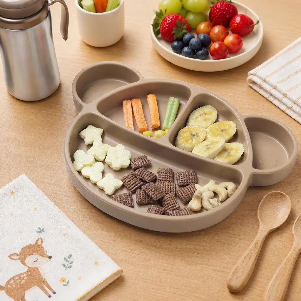 Silicone Suction Food Plate Chocolate Brown 28.5cm Sturdy Suction Bottom with Lid for Baby Feeding Compartments
