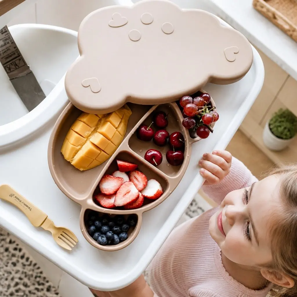 Silicone Suction Food Plate Chocolate Brown 28.5cm Sturdy Suction Bottom with Lid for Baby Feeding Compartments
