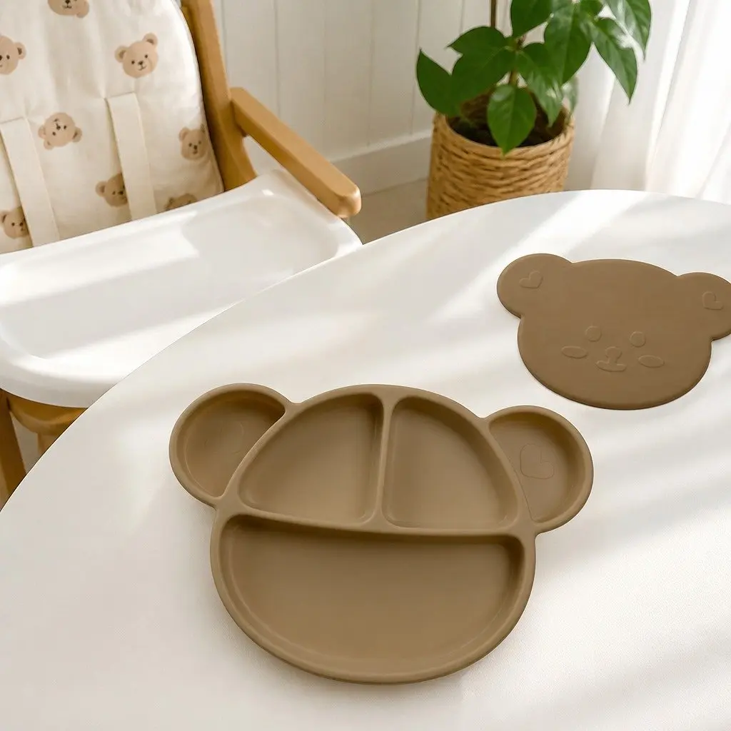 Silicone Suction Food Plate Chocolate Brown 28.5cm Sturdy Suction Bottom with Lid for Baby Feeding Compartments