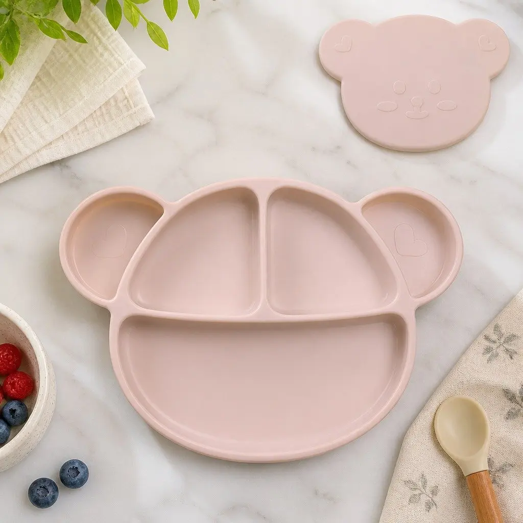 Silicone Suction Food Plate Chocolate Brown 28.5cm Sturdy Suction Bottom with Lid for Baby Feeding Compartments