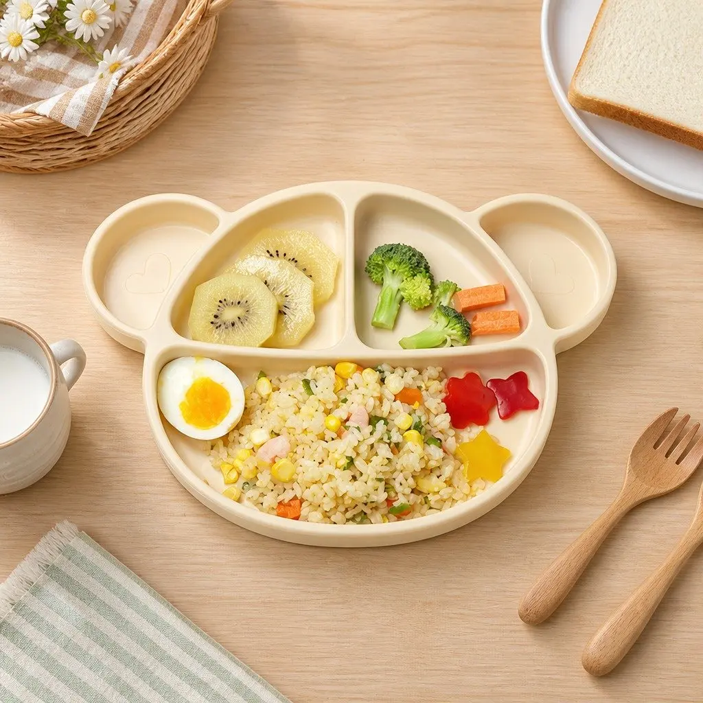 Silicone Suction Food Plate Oatmeal with Lid Baby Kids Feeding Compartments