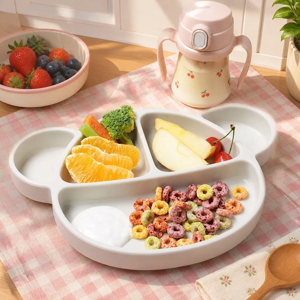 Silicone Suction Food Plate Oatmeal with Lid Baby Kids Feeding Compartments