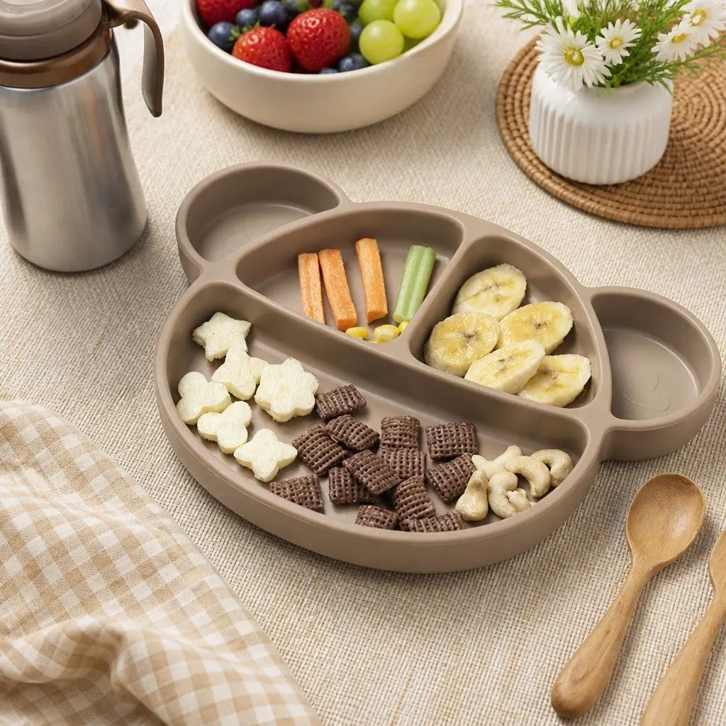 Silicone Suction Food Plate Oatmeal with Lid Baby Kids Feeding Compartments