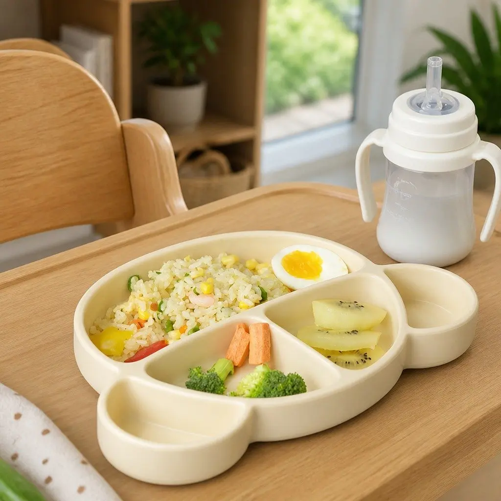 Silicone Suction Food Plate Oatmeal with Lid Baby Kids Feeding Compartments