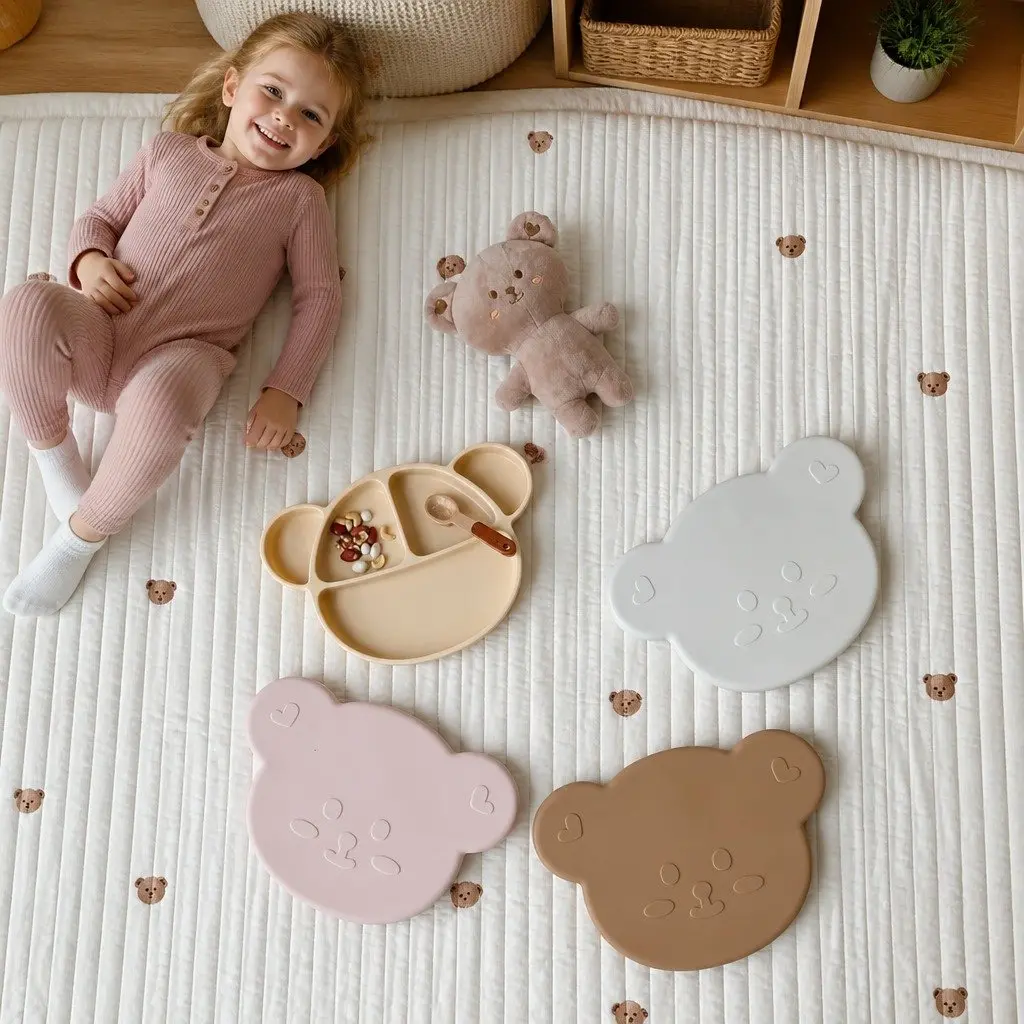 Silicone Suction Food Plate Oatmeal with Lid Baby Kids Feeding Compartments