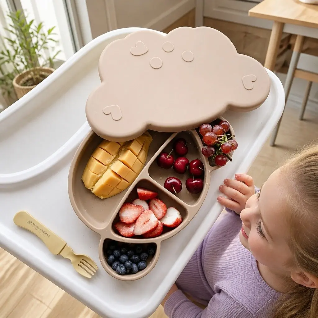 Silicone Suction Food Plate Oatmeal with Lid Baby Kids Feeding Compartments