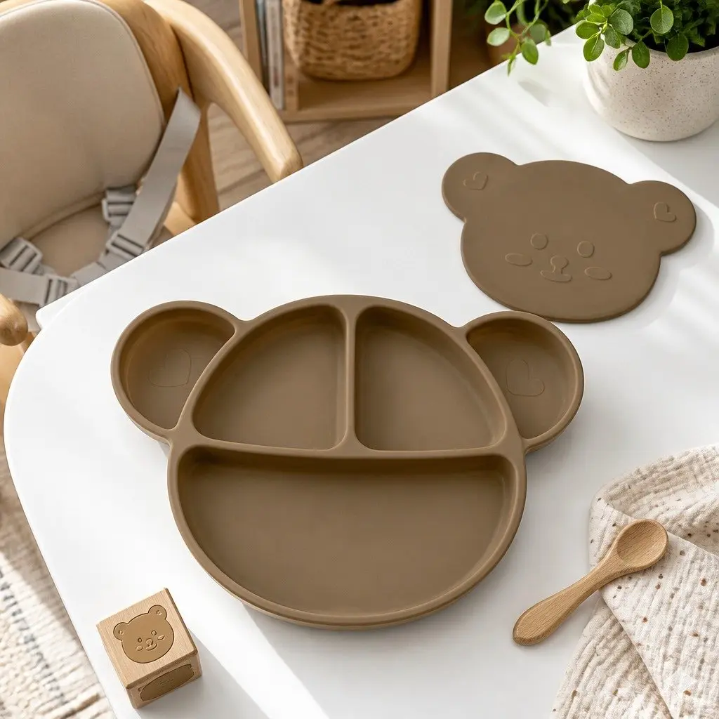 Silicone Suction Food Plate Oatmeal with Lid Baby Kids Feeding Compartments