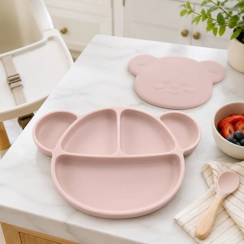 Silicone Suction Food Plate Oatmeal with Lid Baby Kids Feeding Compartments