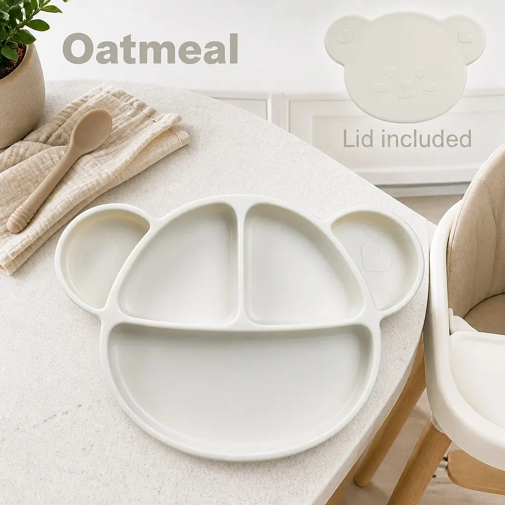 Silicone Suction Food Plate Oatmeal with Lid Baby Kids Feeding Compartments