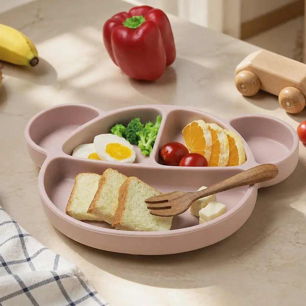 Silicone Suction Food Plate Vanilla with Lid Baby Feeding Compartments