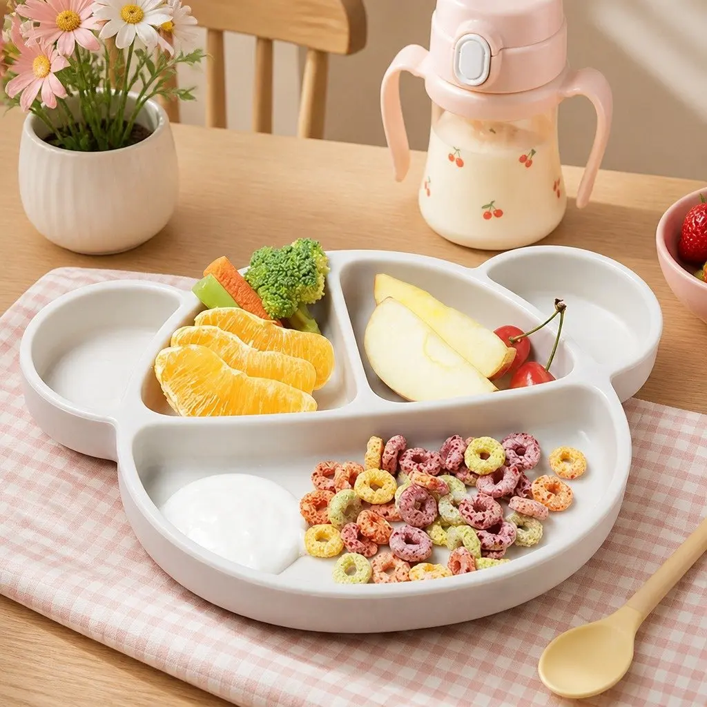 Silicone Suction Food Plate Vanilla with Lid Baby Feeding Compartments