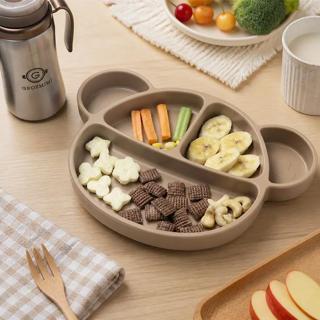Silicone Suction Food Plate Vanilla with Lid Baby Feeding Compartments