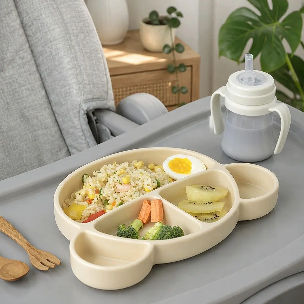 Silicone Suction Food Plate Vanilla with Lid Baby Feeding Compartments