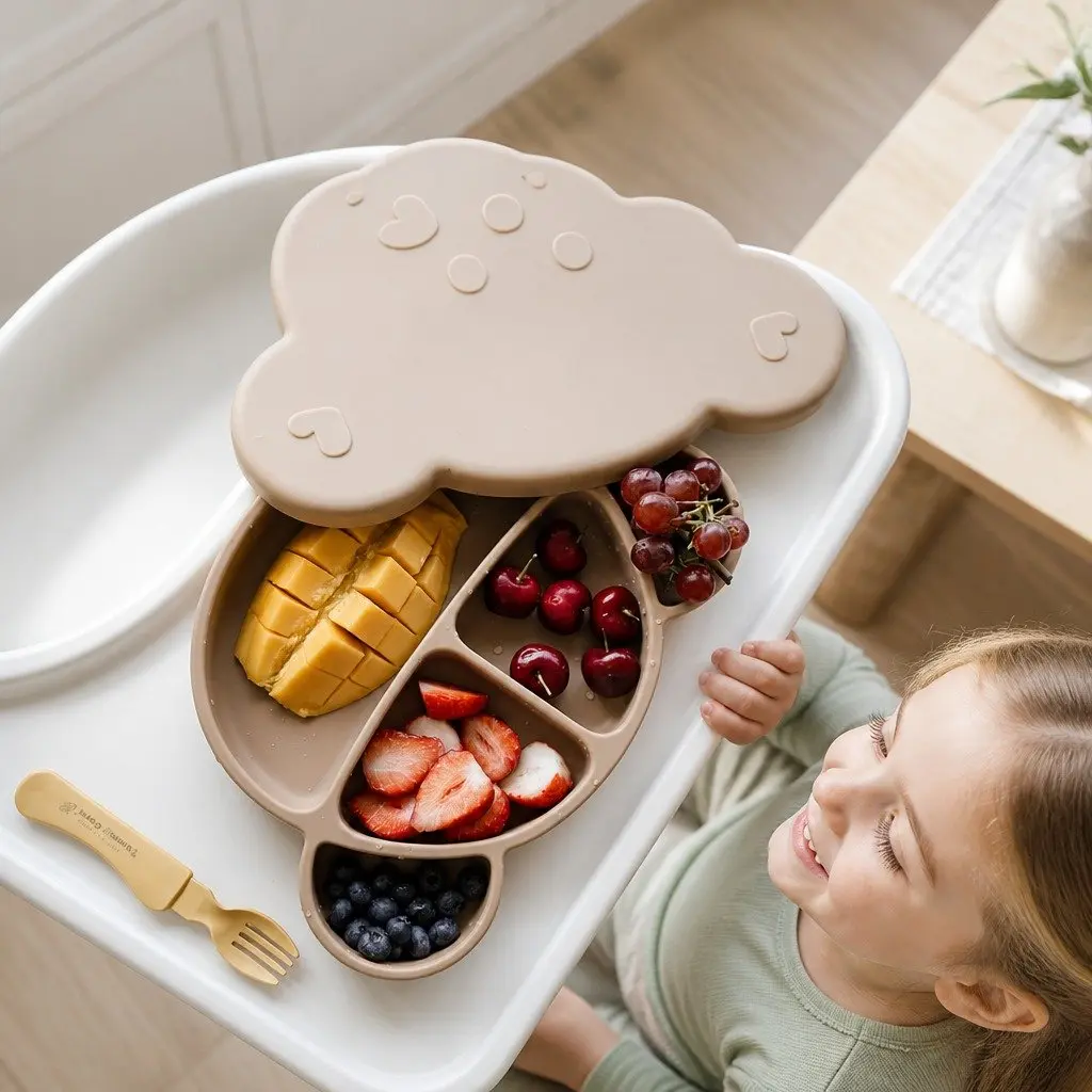 Silicone Suction Food Plate Vanilla with Lid Baby Feeding Compartments