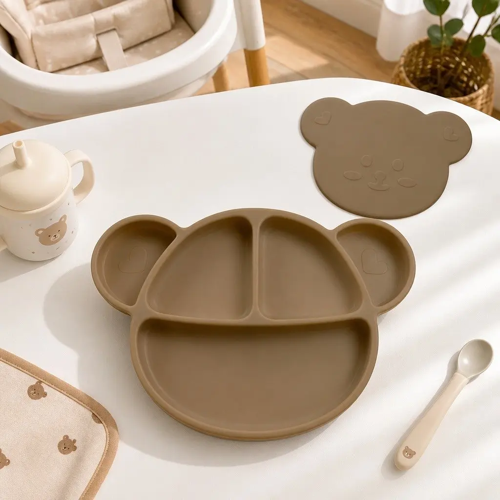 Silicone Suction Food Plate Vanilla with Lid Baby Feeding Compartments