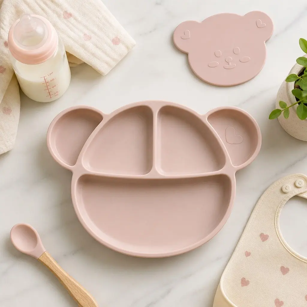 Silicone Suction Food Plate Vanilla with Lid Baby Feeding Compartments