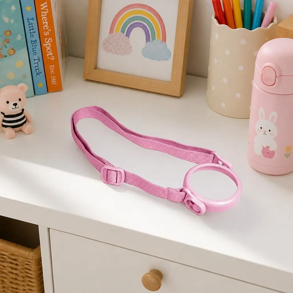 Kids Straw Cup Carrier Pink Adjustable Shoulder Strap