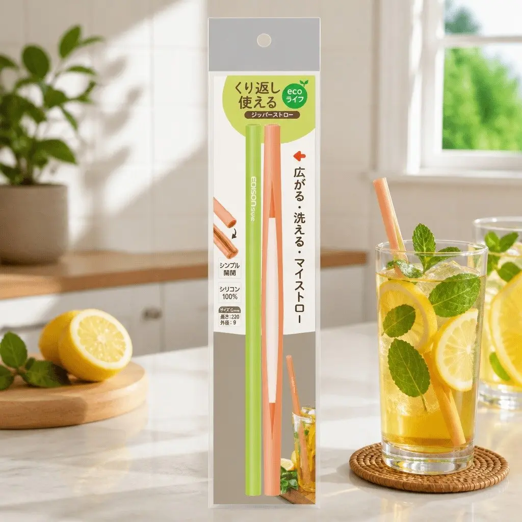 Resealable Silicone Zipper Straw Green Orange Adjustable Length Easy Clean