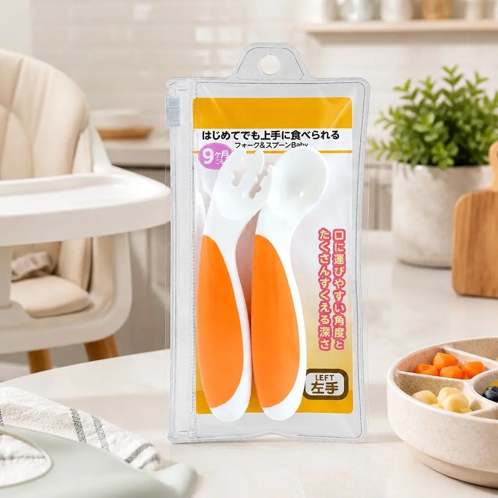 Baby Fork Spoon Set Orange Left Handed Beginner Self Feeding Utensils